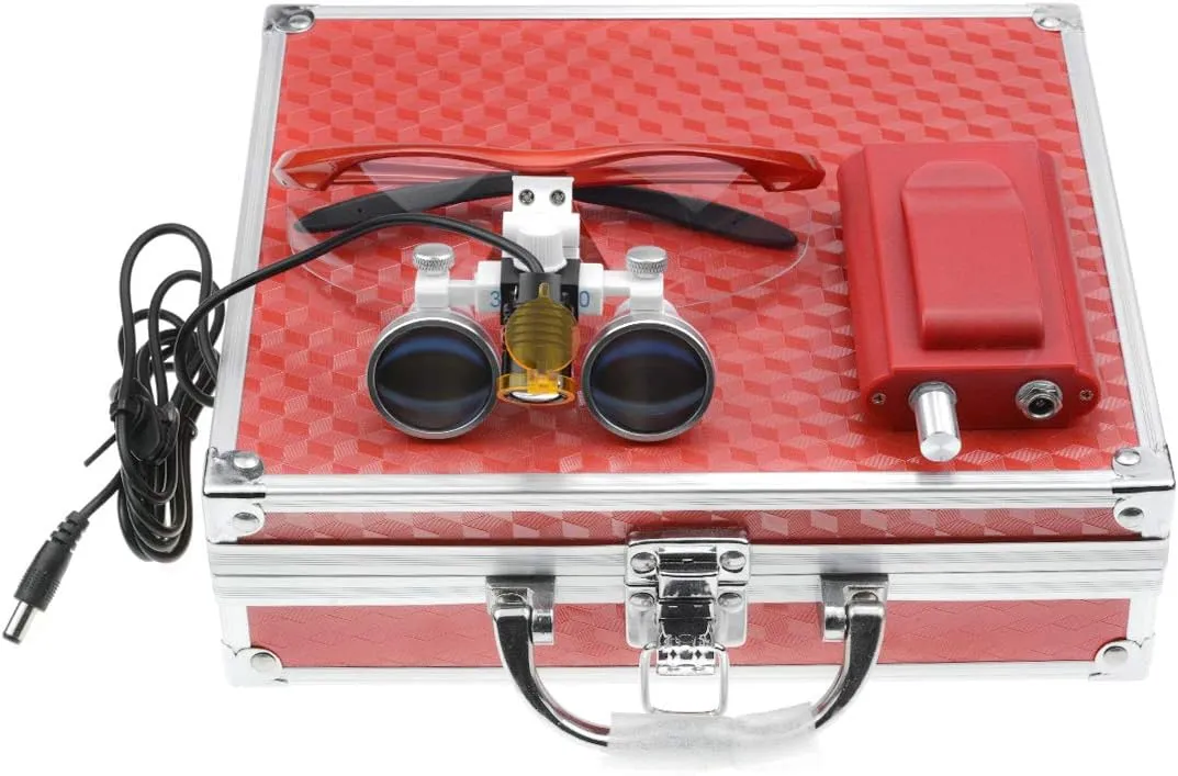 DY-004 3.5X 420mm Working Distance Optical Glass Surgical Binocular Loupes and LED Head Light Lamp with Filter Aluminum Box (Red)