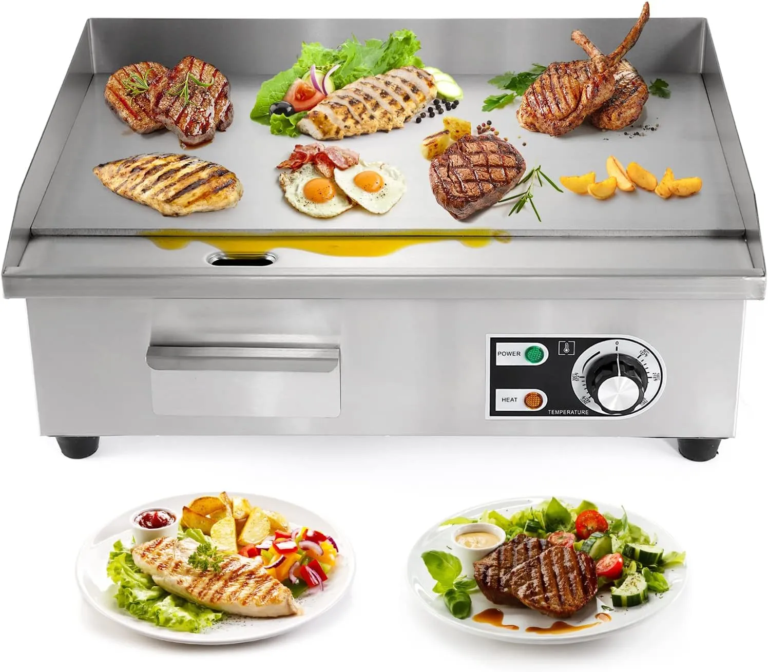 Dyna-Living Commercial Electric Griddle 22'' Flat Top Grill Countertop Griddle 3000W 110V Stainless Steel Teppanyaki Grill Large Griddles for Restaurant Kitchen