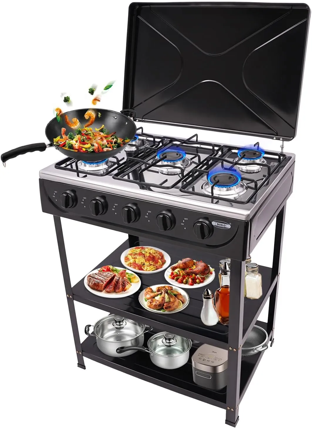 DYRABREST 5-Burner Natural Gas Stove Freestanding Rectangular Cooking Gas Stove with Precise Heat Control Knobs for Cooking, Stir-Frying, and Outdoor Camping Use (Black)