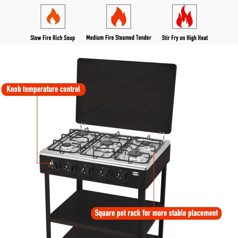 DYRABREST 5-Burner Natural Gas Stove Freestanding Rectangular Cooking Gas Stove with Precise Heat Control Knobs for Cooking, Stir-Frying, and Outdoor Camping Use (Black)