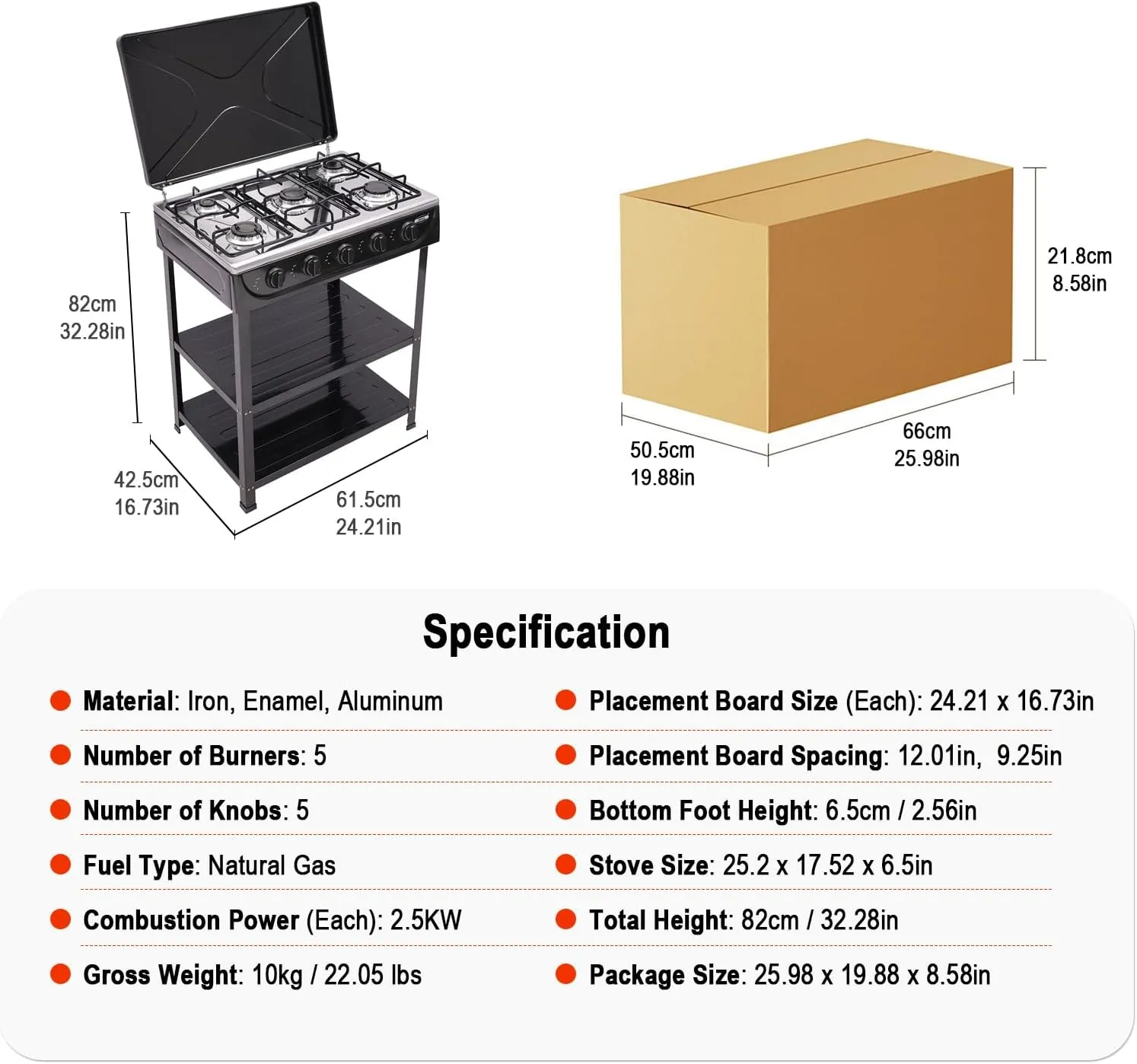 DYRABREST 5-Burner Natural Gas Stove Freestanding Rectangular Cooking Gas Stove with Precise Heat Control Knobs for Cooking, Stir-Frying, and Outdoor Camping Use (Black)
