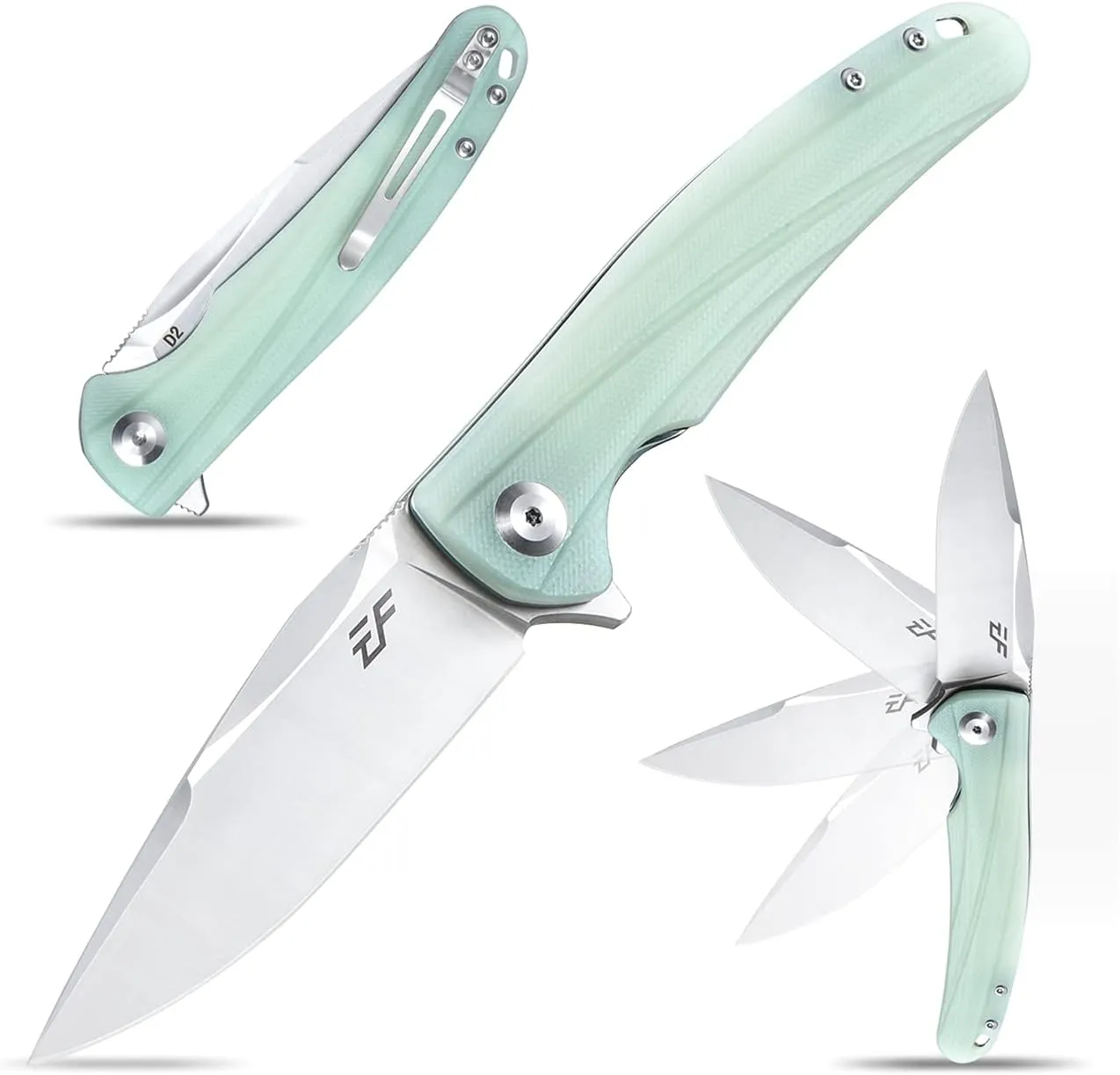 Eafengrow EF957 Folding Knife D2 Steel Blade G10 Handle with Pocket Clip Reliable Locking Mechanism EDC Flipper Knife for Camping Hiking(Jade)