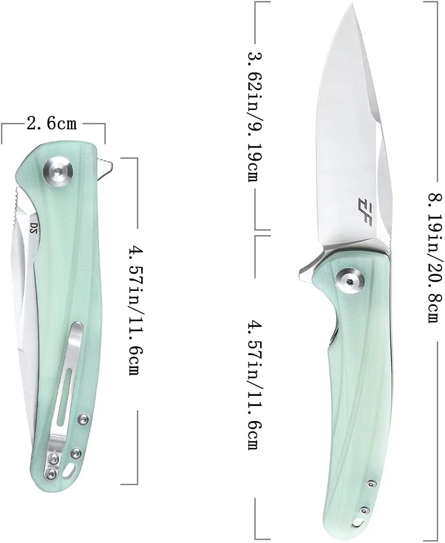 Eafengrow EF957 Folding Knife D2 Steel Blade G10 Handle with Pocket Clip Reliable Locking Mechanism EDC Flipper Knife for Camping Hiking(Jade)