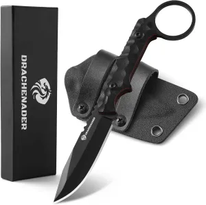 EDC Fixed Blade Knife with Sheath 7.08" Small Horizontal Carry Knifes with Kydex Sheath, Full Tang 5Cr13moV Stainless Steel, Black, Neck Knife, Men Gifts