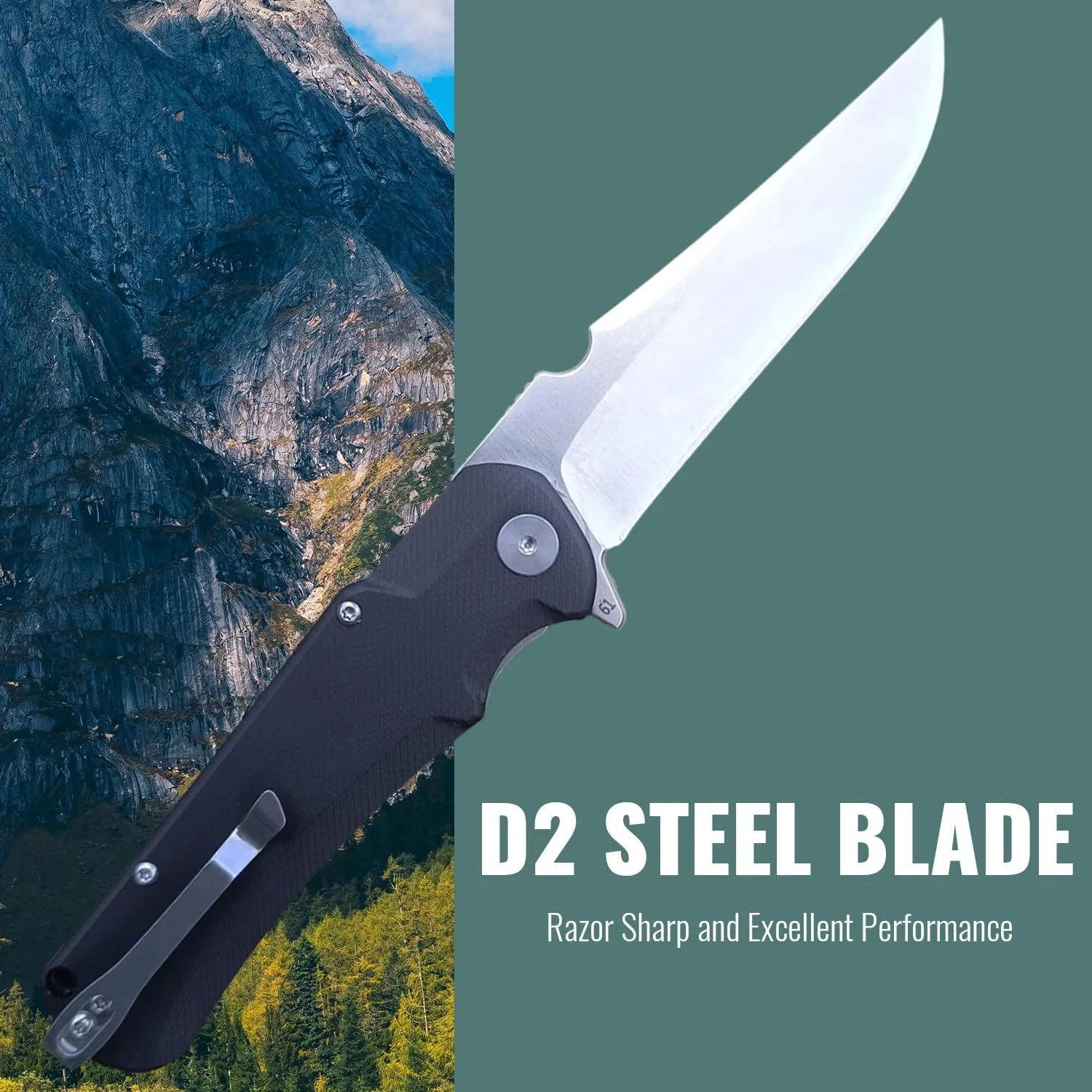 EDC Folding Pocket Knife | Compact 3.46" Sharp Blade, D2 Steel, G10 Handle, Reversible Pocket Clip, Camping Hunting Tactical Flipper Knives for Men Women | FT61 (Black Satin)