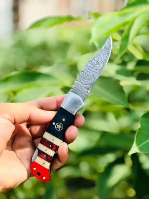 EDC Folding Pocket Knife: Compact Everyday Carry, Back Lock Mechanism, 3-Inch Blade, Exotic Wood & Bone Handle, Leather Sheath
