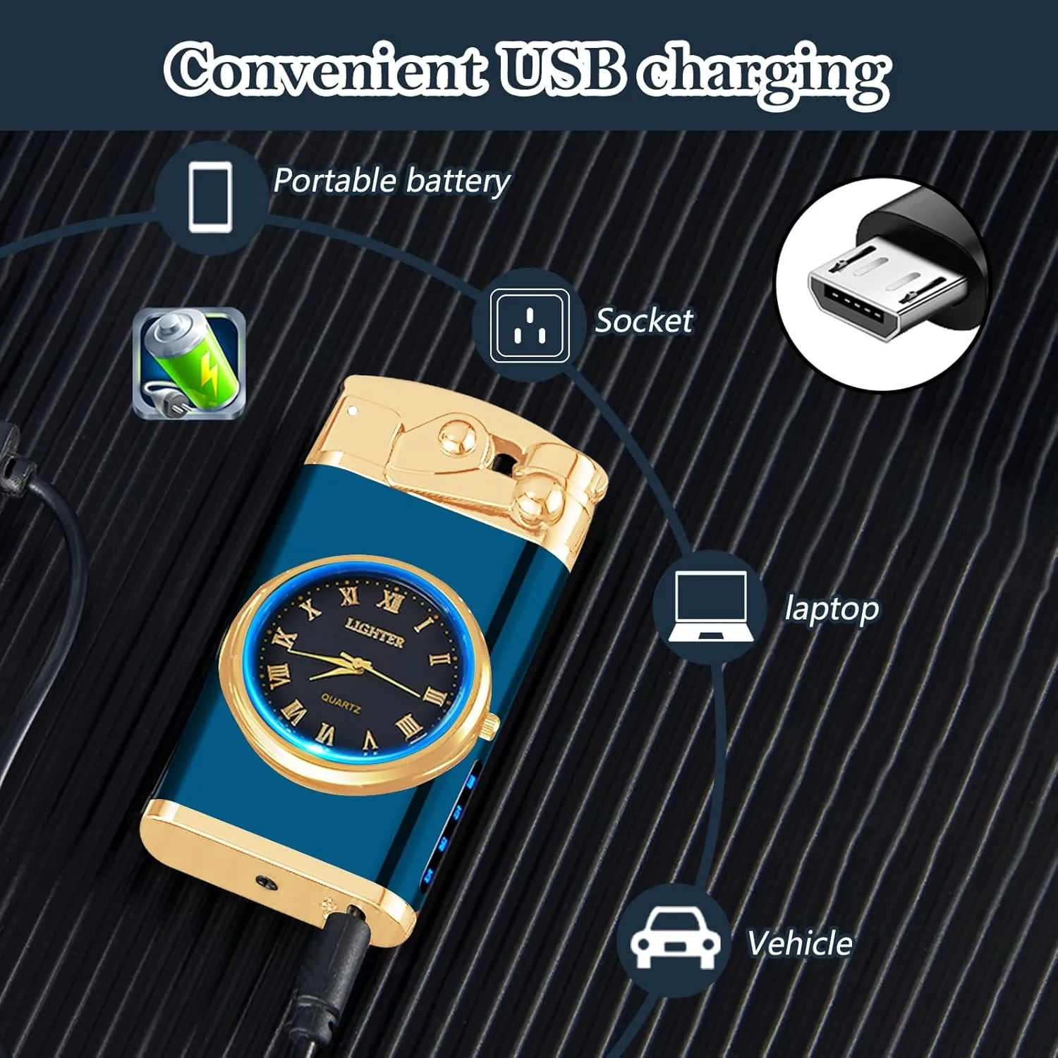 Electric Lighter USB Rechargeable Lighter, Windproof Dual Arc Plasma Lighter Lighter, Flameless Electronic Cool Lighters with LED Battery Indication for Men (Blue Clock)