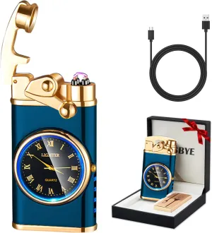 Electric Lighter USB Rechargeable Lighter, Windproof Dual Arc Plasma Lighter Lighter, Flameless Electronic Cool Lighters with LED Battery Indication for Men (Blue Clock)