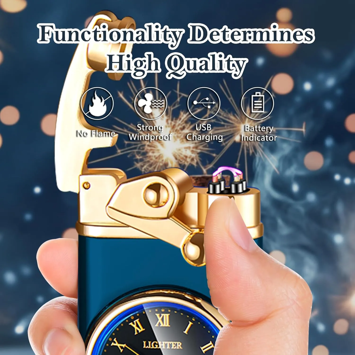 Electric Lighter USB Rechargeable Lighter, Windproof Dual Arc Plasma Lighter Lighter, Flameless Electronic Cool Lighters with LED Battery Indication for Men (Blue Clock)