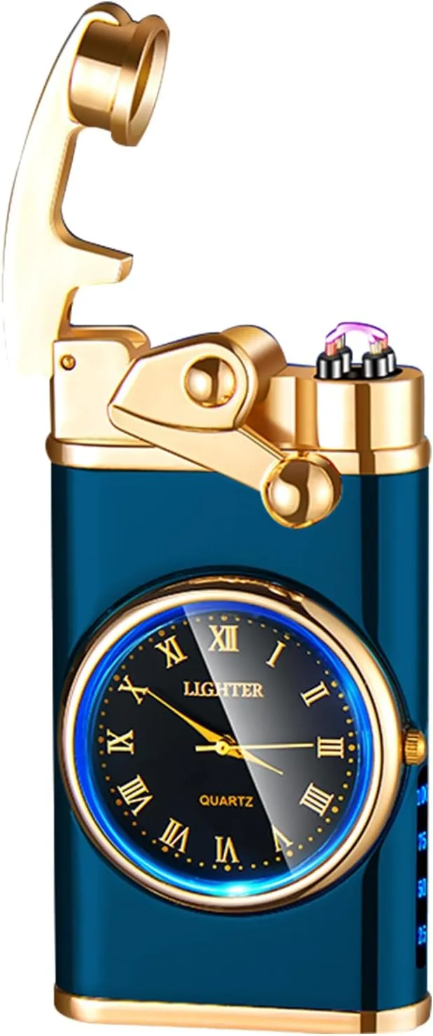 Electric Lighter USB Rechargeable Lighter, Windproof Dual Arc Plasma Lighter Lighter, Flameless Electronic Cool Lighters with LED Battery Indication for Men (Blue Clock)