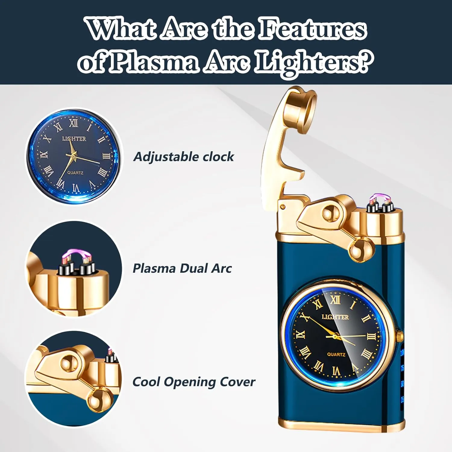 Electric Lighter USB Rechargeable Lighter, Windproof Dual Arc Plasma Lighter Lighter, Flameless Electronic Cool Lighters with LED Battery Indication for Men (Blue Clock)