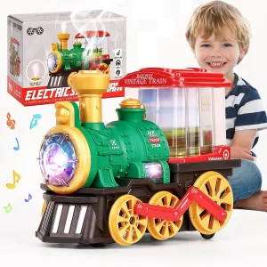 Electric Train Toy for Toddlers 1-3,Kids Christmas Steam Truck with Locomotive,Smoke,Light & Music, 360° Rotation Bump and Go Choo Choo Train Toys for Toddler 2-4-7 Boys Girls Birthday Gifts