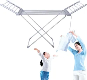 Electrical Heated Folding Clothes Horse Airer X-Legs Foldable Clothes Airer UV-Resistant Aluminium Clothes Drying Rack Winged Indoor Laundry Dryer 12m Clothing Space Max Load 15kg