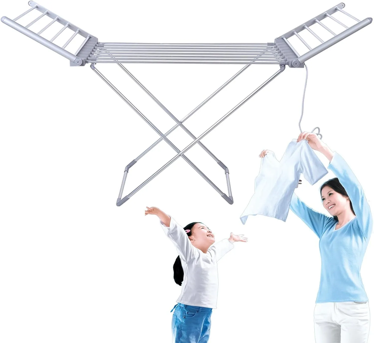Electrical Heated Folding Clothes Horse Airer X-Legs Foldable Clothes Airer UV-Resistant Aluminium Clothes Drying Rack Winged Indoor Laundry Dryer 12m Clothing Space Max Load 15kg