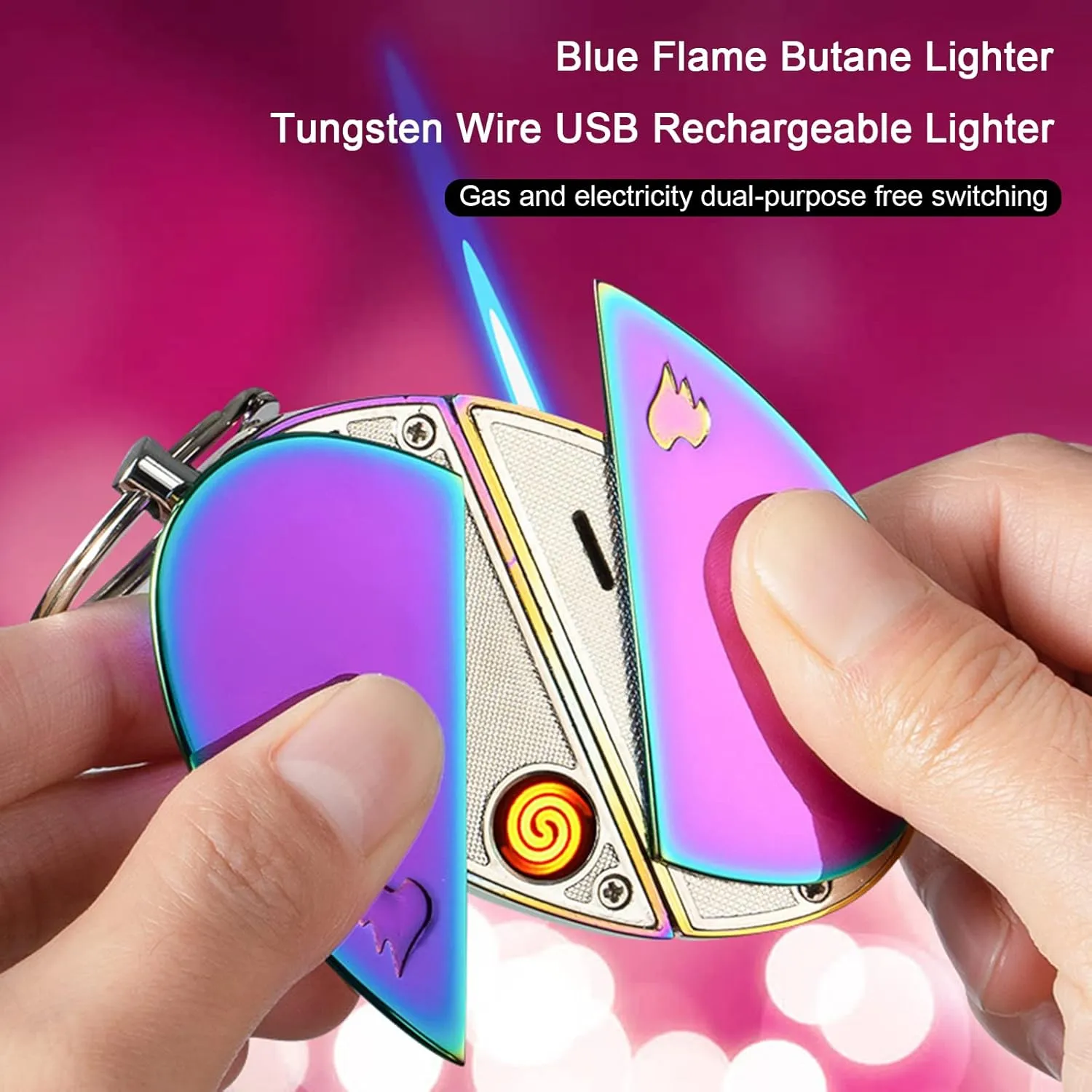 Electronic Lighter, Jet Flame Torch with Electric Lighters Refillable Butane 2 in 1,Jet Windproof Flame Gas USB Rechargeable Infinity, Creative Love-Lighters for Outdoor Indoor(Pink)