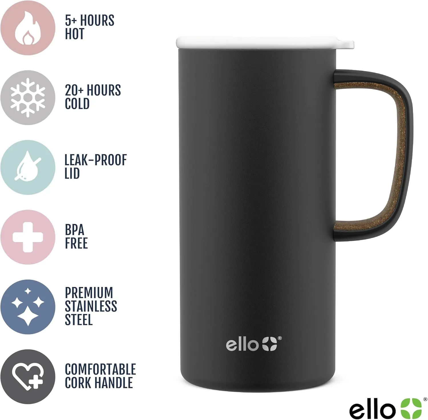 Ello Campy Vacuum Insulated Travel Mug with Leak-Proof Slider Lid and Comfy Carry Handle, Perfect for Coffee or Tea, BPA Free, Matte Black, 18oz