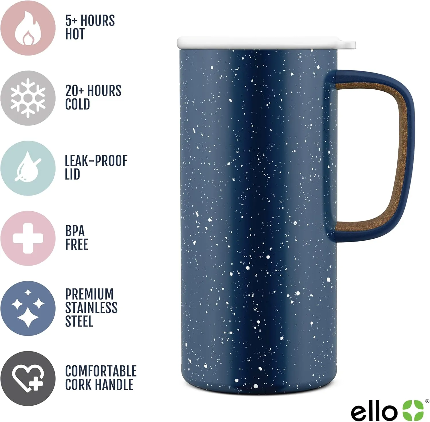 Ello Campy Vacuum Insulated Travel Mug with Leak-Proof Slider Lid and Comfy Carry Handle, Perfect for Coffee or Tea, BPA Free, Xavier Navy, 18oz