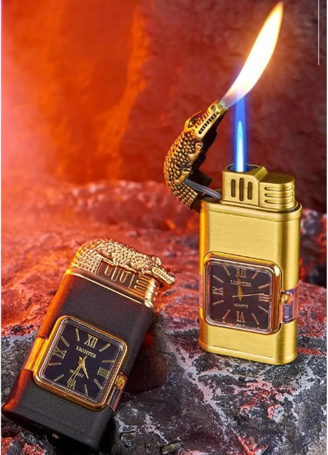 Emboadlie Lighter, Windproof Lighter Vintage Watch Bezel Jet Flame Torch, Adjustable Flame Lighter, Refillable Butane Lighter Gifts for Men Women