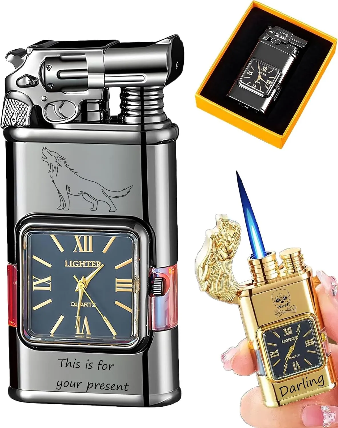 Emboadlie Lighter, Windproof Lighter Vintage Watch Bezel Jet Flame Torch, Vintage Watch Bezel Jet Flame Torch, Men's Cool Dual Soft-Q||Black
