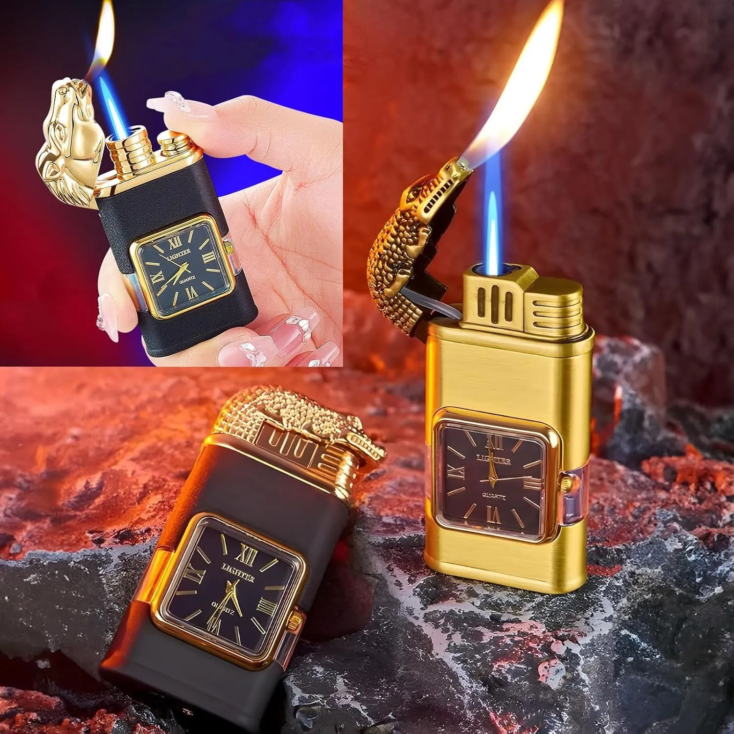 Emboadlie Lighter, Windproof Lighter Vintage Watch Bezel Jet Flame Torch, Vintage Watch Bezel Jet Flame Torch, Men's Cool Dual Soft-Q||Black
