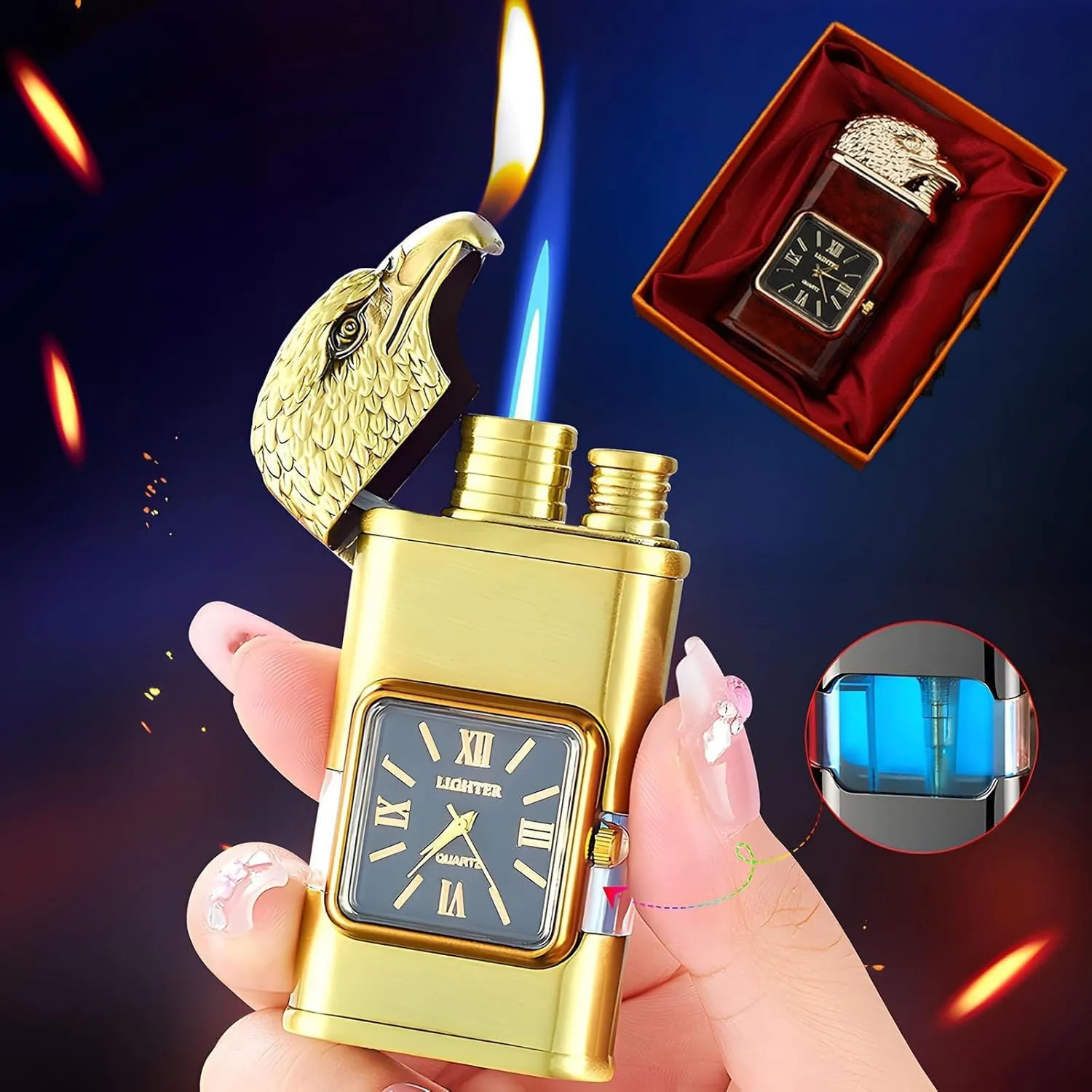 Emboadlie Lighter, Windproof Lighter Vintage Watch Bezel Jet Flame Torch, Vintage Watch Bezel Jet Flame Torch, Men's Cool Dual Soft-Q||Black