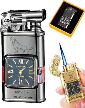Emboadlie Lighter, Windproof Lighter Vintage Watch Bezel Jet Flame Torch, Vintage Watch Bezel Jet Flame Torch, Men's Cool Dual Soft-Q||Black
