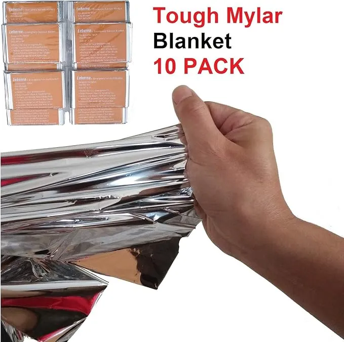 Emergency Blanket Survival Gear | Foil Mylar Thermal Blankets 63" x 87" inches (Pack of 10) | Big Double Sided Escape Tact Bivvy, | for NASA, Outdoors, Hiking, Space, Marathons First Aid Kit