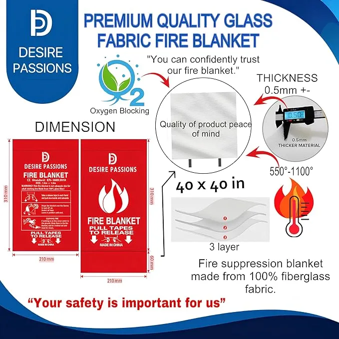 Emergency Fire Blanket - Fire Suppression Blanket for Home, Kitchen, Garage, Camping, School & Office -Flame Retardant -40”x40” for Quick Smothering & Fire Safety (Pack of 2)“
