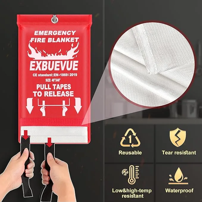 Emergency Fire Blanket for Kitchen and Home, 40” x 40” Fire Extinguishing Blanket(2pcs), Fire Suppression Blanket, Fire Safety Blanket, Fiberglass Flame Retardant Blanket
