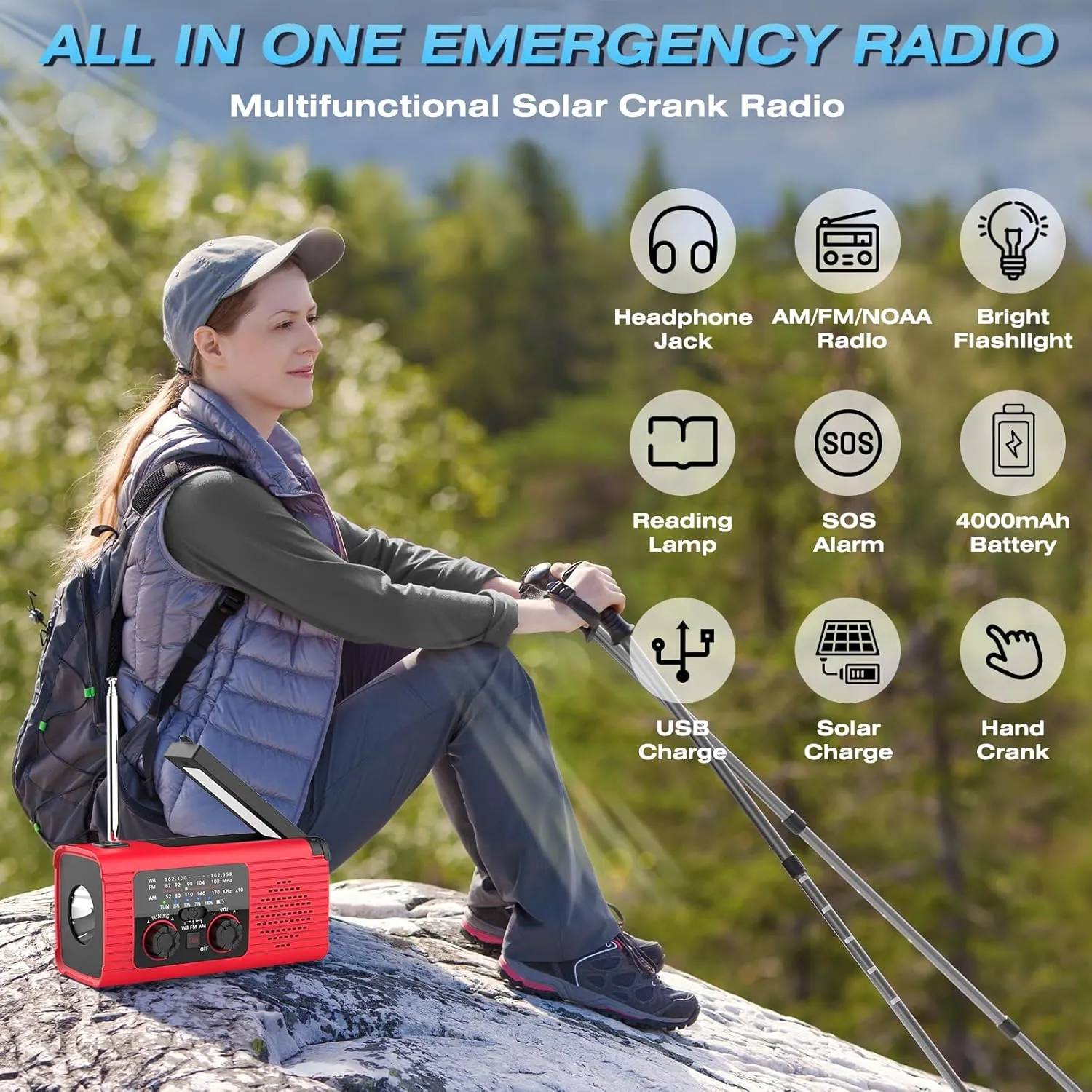 Emergency Weather Radio, 4000mAh NOAA Weather Alert Radio Solar Charging, Hand Crank & USB Charged, AM/FM with LED Flashlight, Reading Lamp, SOS Alarm, Headphone Jack for Outdoor Indoor