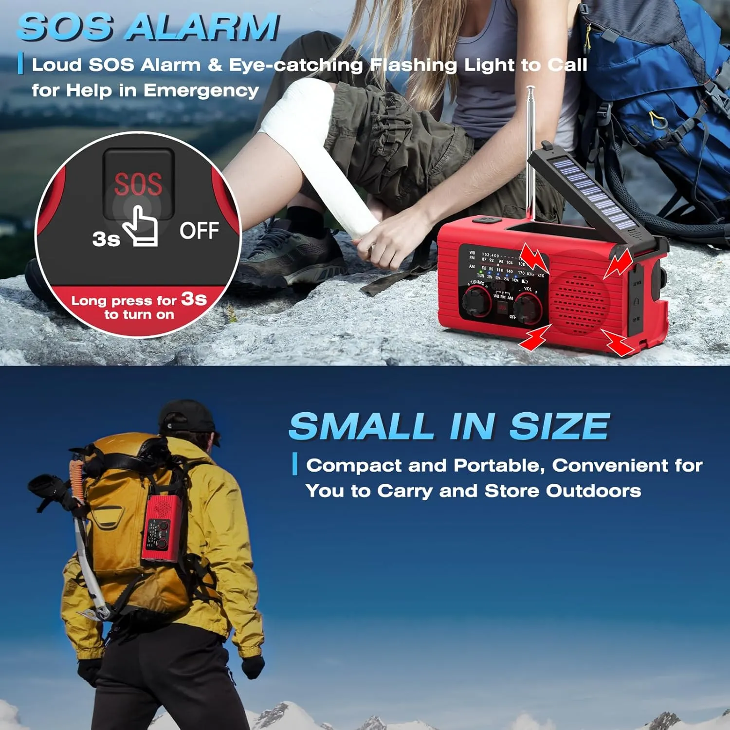 Emergency Weather Radio, 4000mAh NOAA Weather Alert Radio Solar Charging, Hand Crank & USB Charged, AM/FM with LED Flashlight, Reading Lamp, SOS Alarm, Headphone Jack for Outdoor Indoor