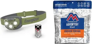 Energizer 260 Lumen LED Headlamp Bundle with Mountain House Chicken Teriyaki Rice Backpacking Meals, 2 Servings