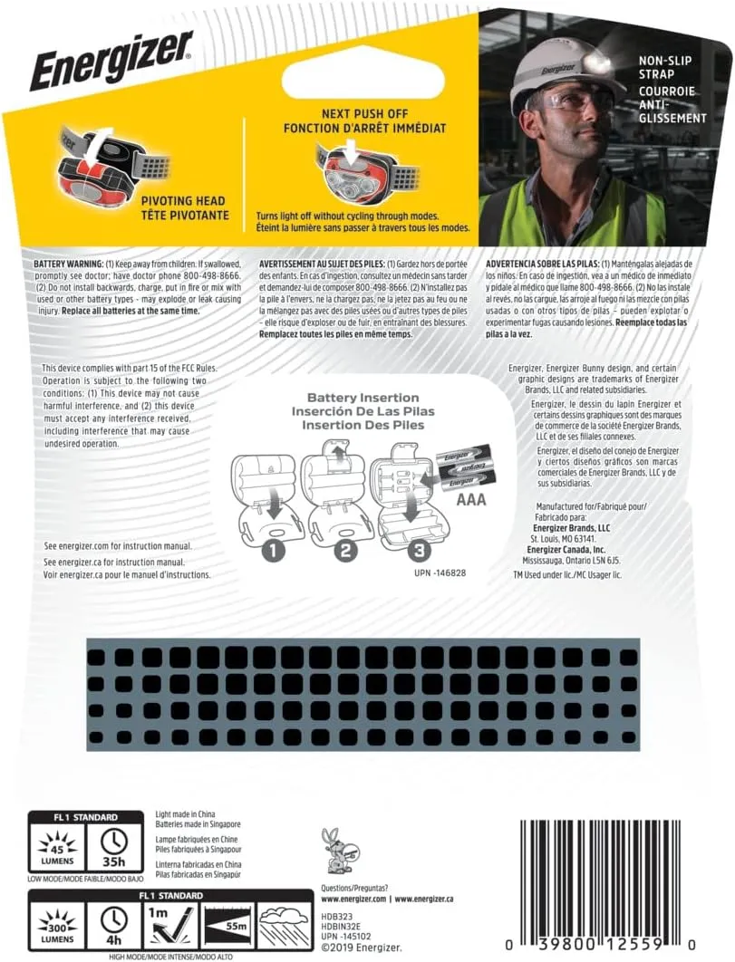 Energizer Industrial Headlamp, Water Resistant Bright LED Headlamp for Hard Hat, Durable Work Light, Batteries Included, Pack of 1