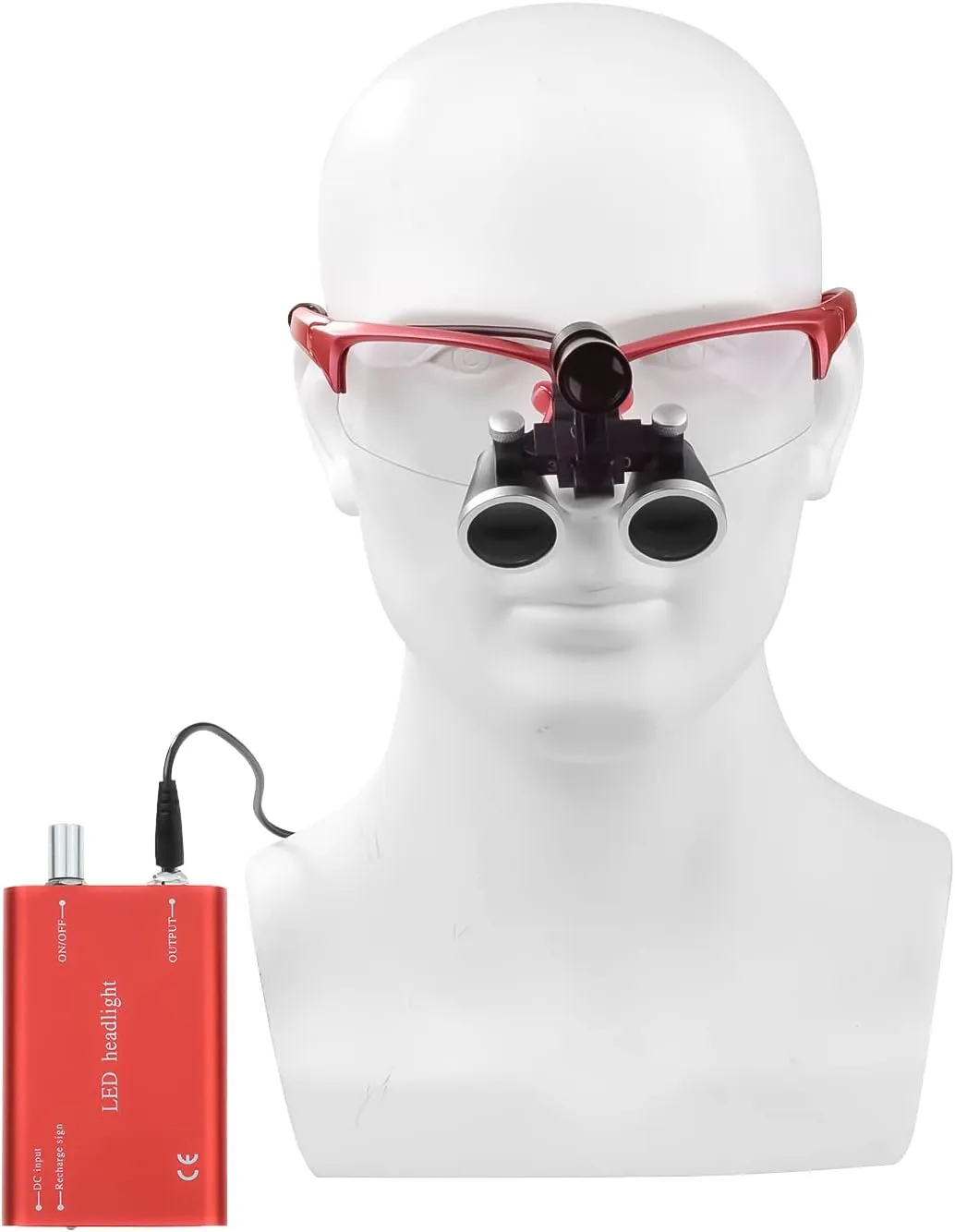 EustomA 3.5X Binocular Loupes Non-Slip Magnifier with 5W LED Light Clip on Headlight Two Clips Optical Glass Headlamp DY-409 (Red)