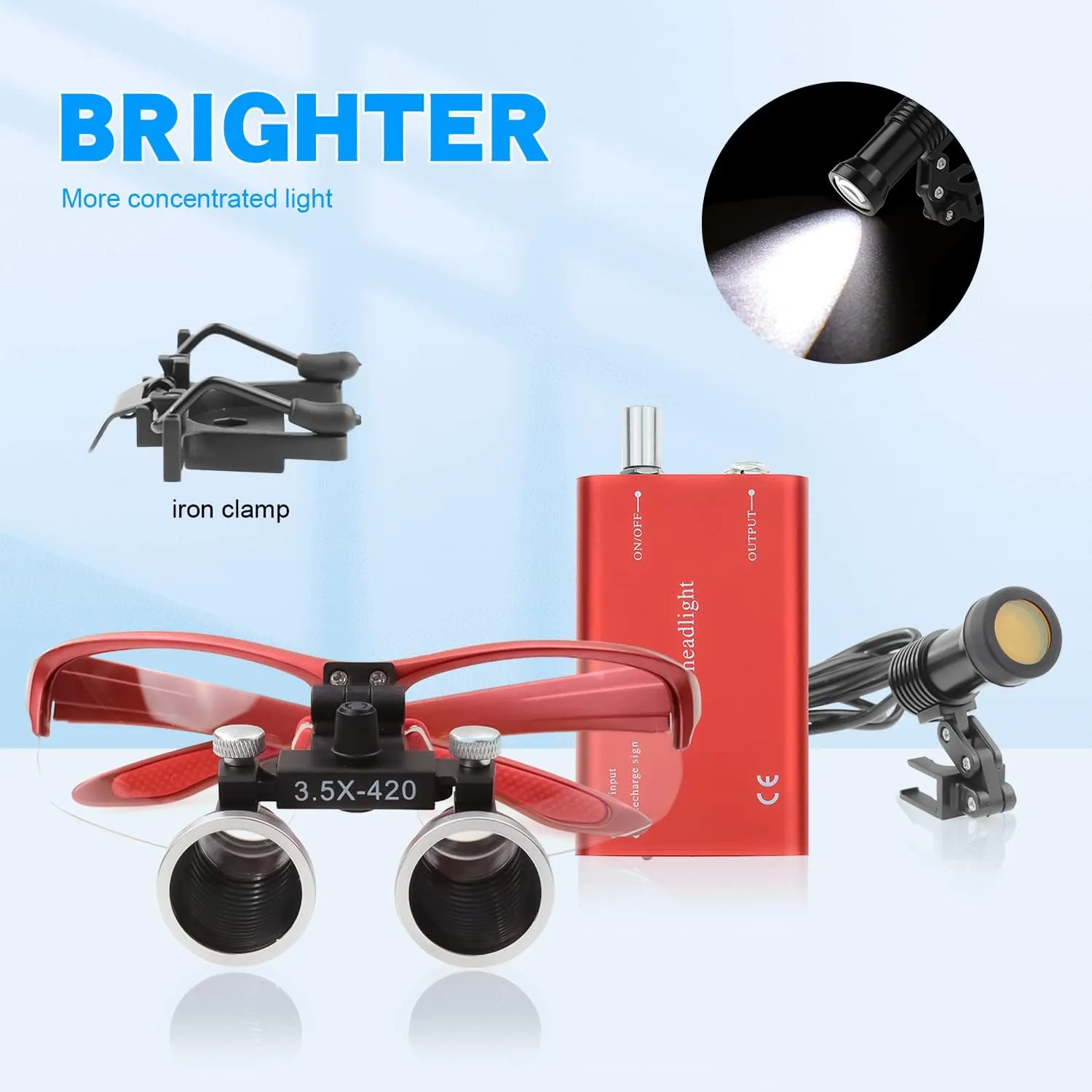EustomA 3.5X Binocular Loupes Non-Slip Magnifier with 5W LED Light Clip on Headlight Two Clips Optical Glass Headlamp DY-409 (Red)
