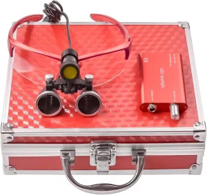 EustomA 3.5X Binocular Loupes Non-Slip Magnifier with 5W LED Light Clip on Headlight Two Clips Optical Glass Headlamp DY-409 (Red)