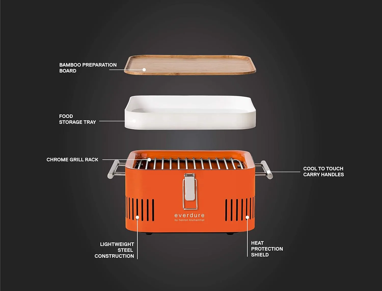 Everdure Cube Portable Charcoal Grill, Tabletop BBQ, Perfect Tailgate, Beach, Patio, or Camping Grill, Lightweight & Compact Small Grill with Preparation Board & Food Storage Tray, Orange