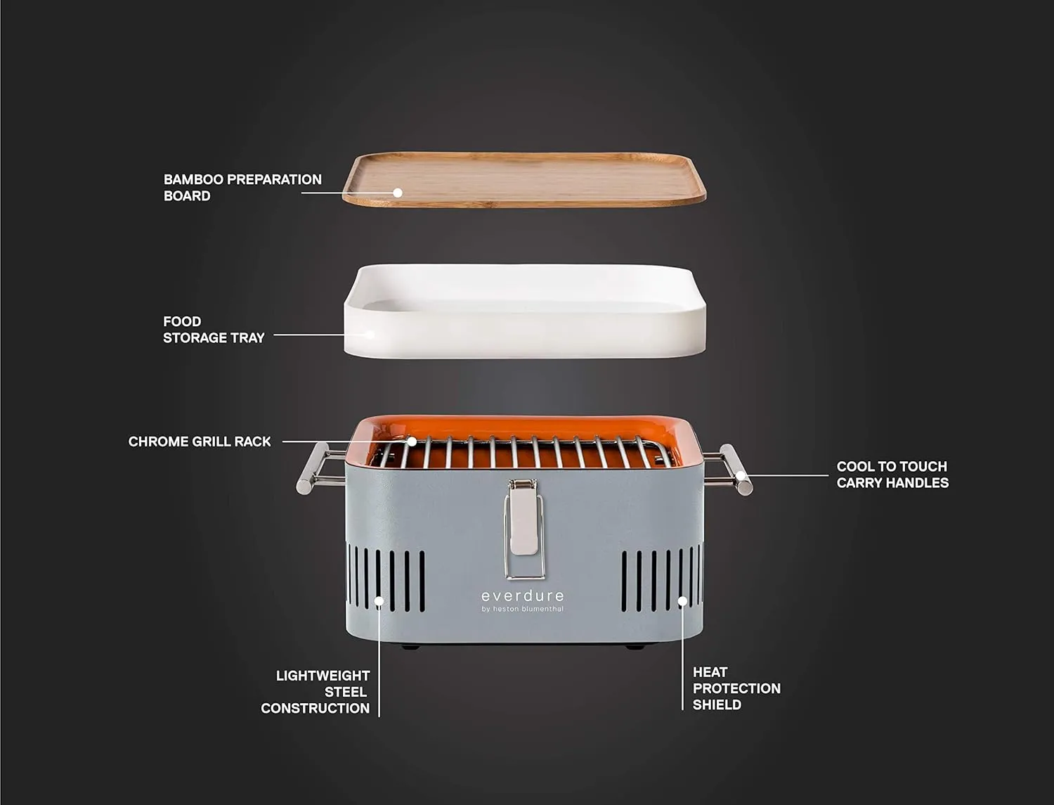 Everdure CUBE Portable Charcoal Grill, Tabletop BBQ, Perfect Tailgate, Beach, Patio, or Camping Grill, Lightweight & Compact Small Grill with Preparation Board & Food Storage Tray, Stone