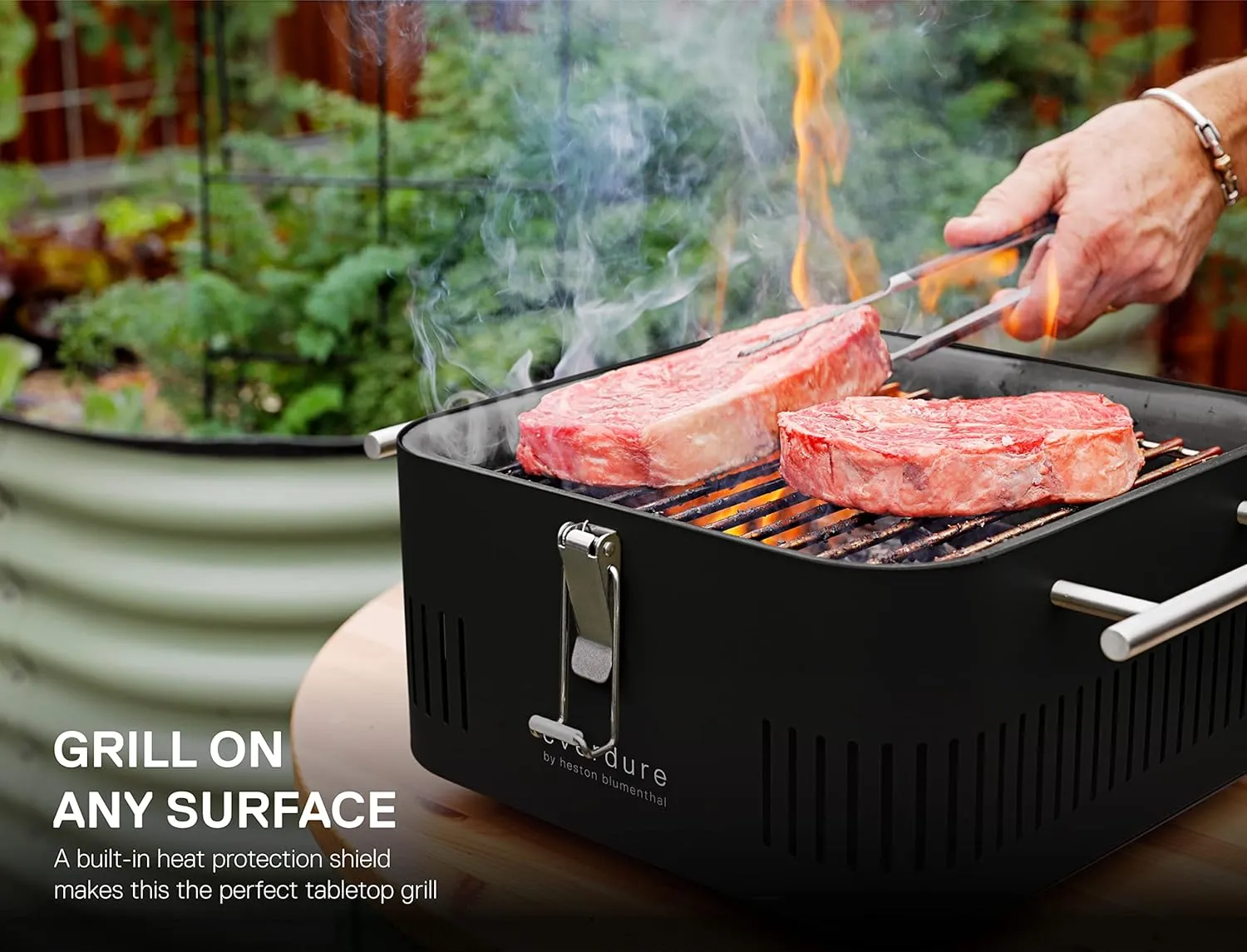 Everdure CUBE Portable Charcoal Grill, Tabletop BBQ, Perfect Tailgate, Beach, Patio, or Camping Grill, Lightweight & Compact Small Grill with Preparation Board & Food Storage Tray, Stone