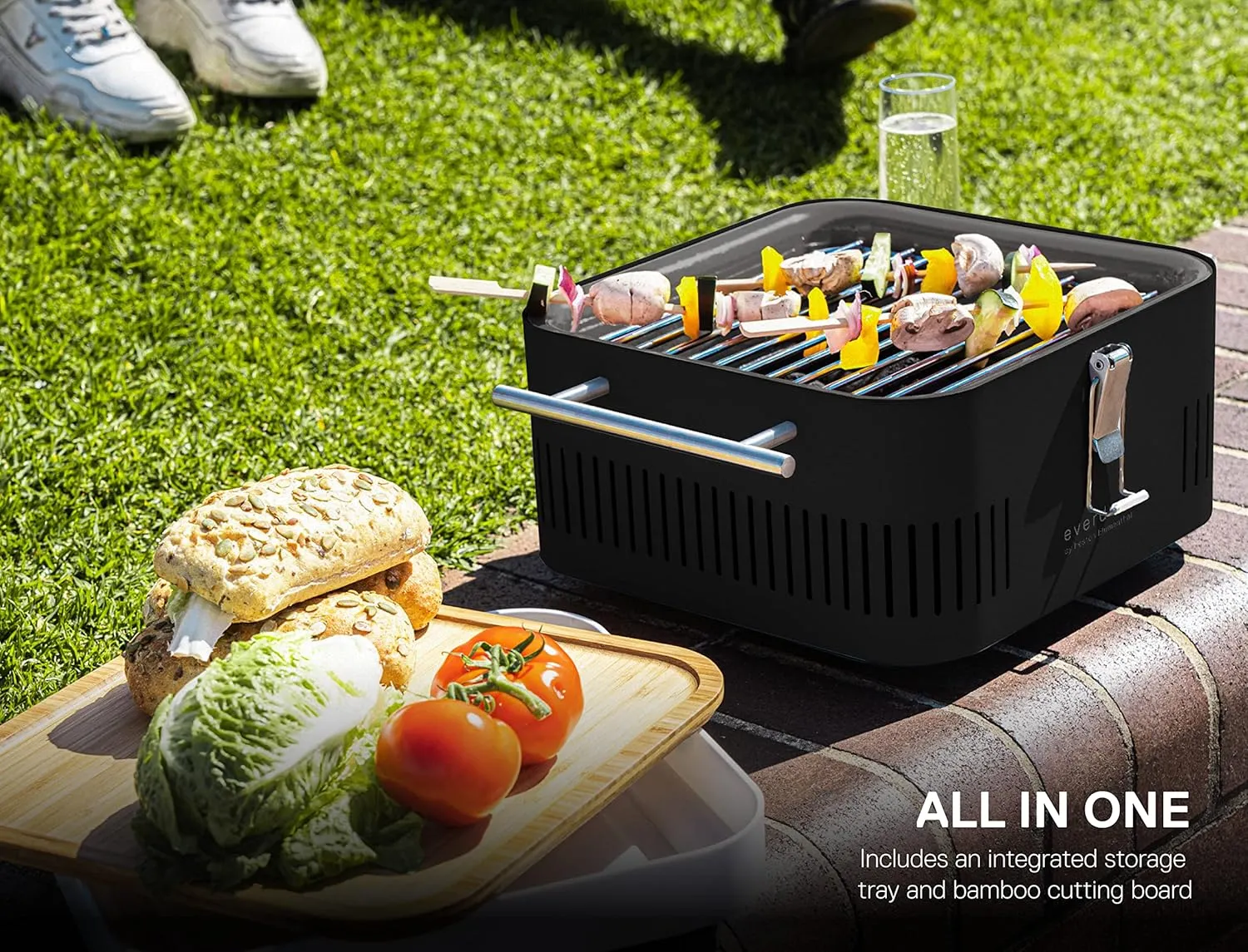 Everdure CUBE Portable Charcoal Grill, Tabletop BBQ, Perfect Tailgate, Beach, Patio, or Camping Grill, Lightweight & Compact Small Grill with Preparation Board & Food Storage Tray, Stone