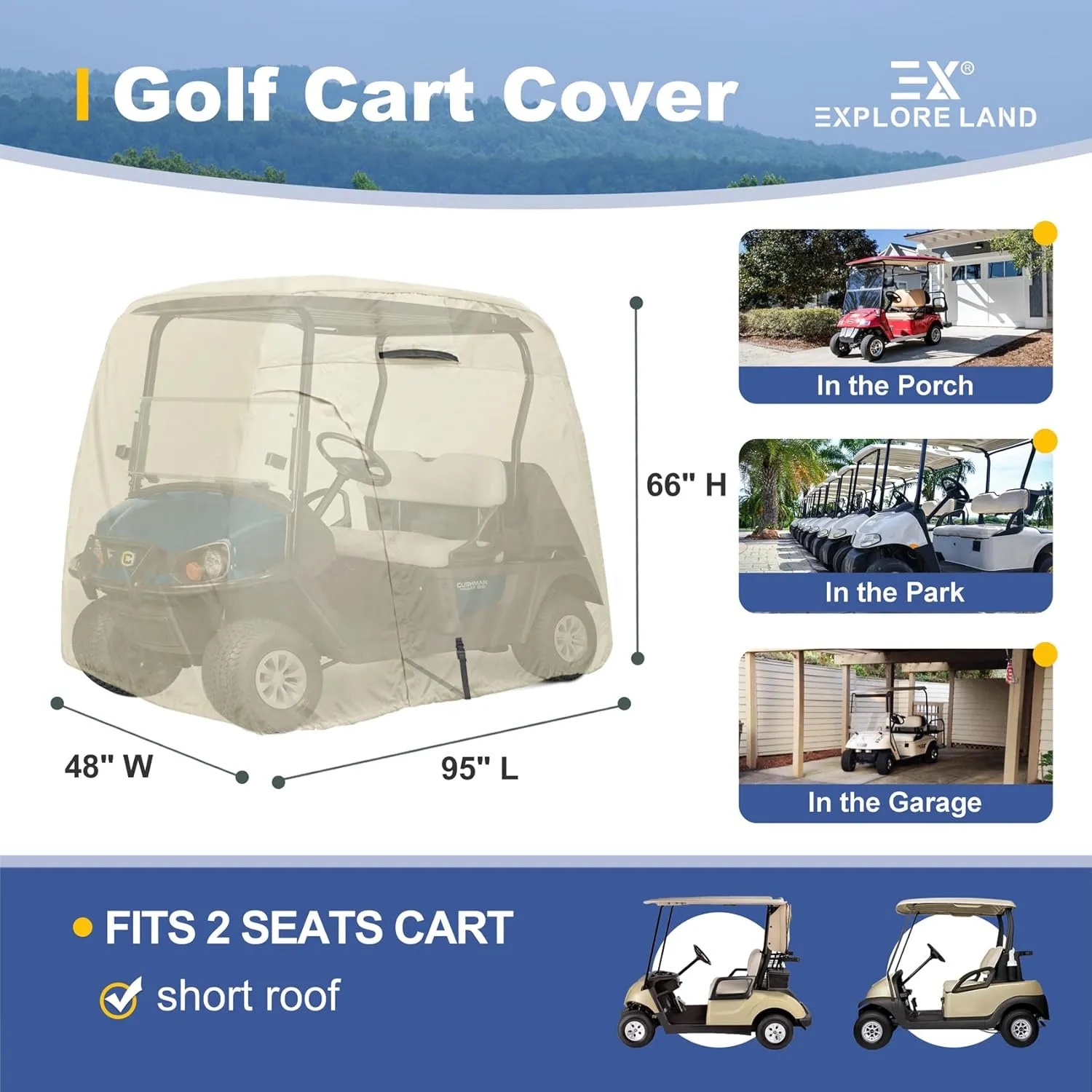 Explore Land 600D Waterproof Golf Cart Cover Universal Fits for Most Brand 2/4/6 Passenger Car (3 Sizes Option)