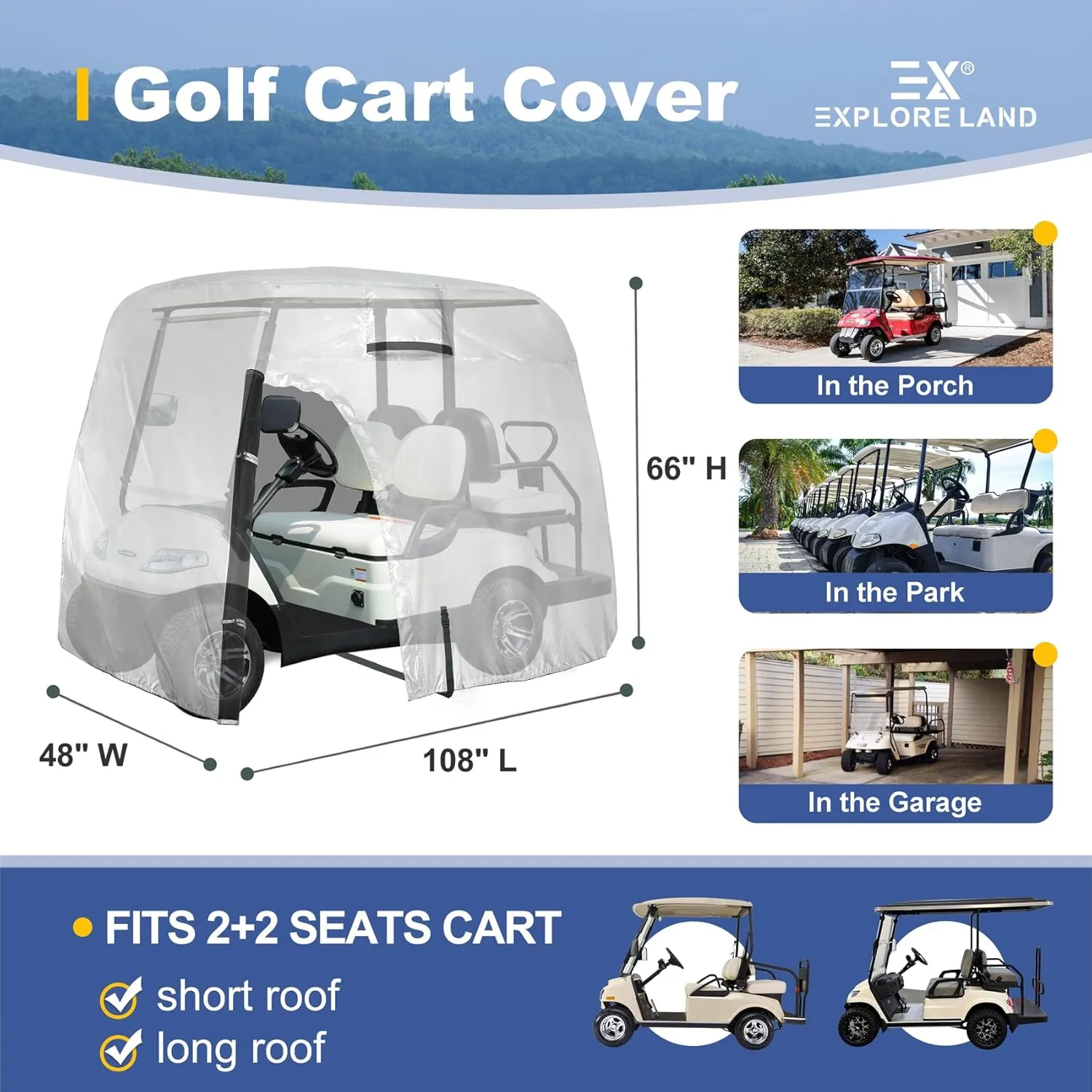 Explore Land 600D Waterproof Golf Cart Cover Universal Fits for Most Brand 2/4/6 Passenger Car (3 Sizes Option)