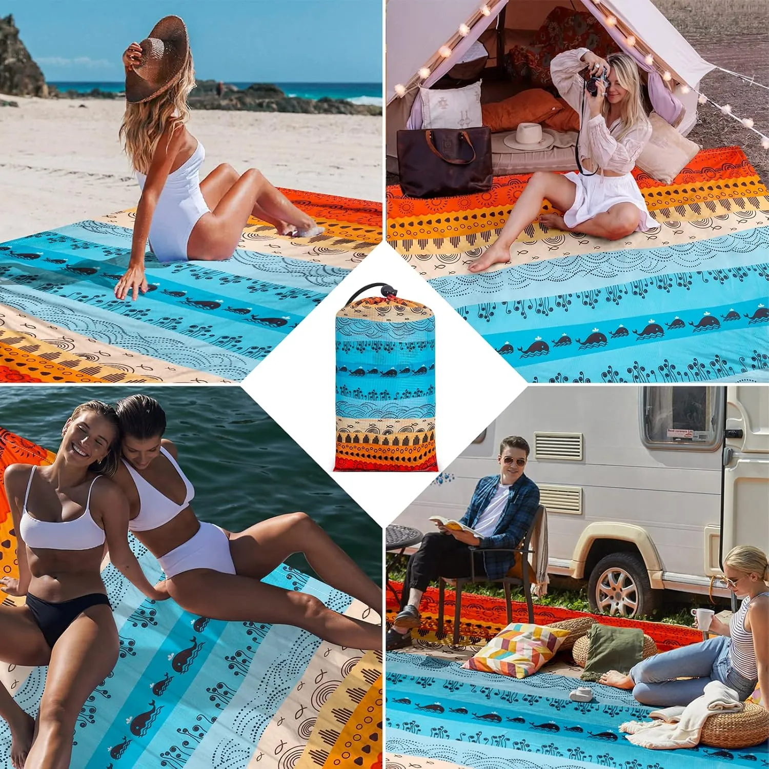 Extra Large Beach Blanket, Waterproof Sandproof Beach Blanket, 9 Ft X 10 Ft Outdoor Picnic Blanket for 8 Adults, Lightweight Quick Drying Beach Mat for Beach Travel, Camping, Hiking