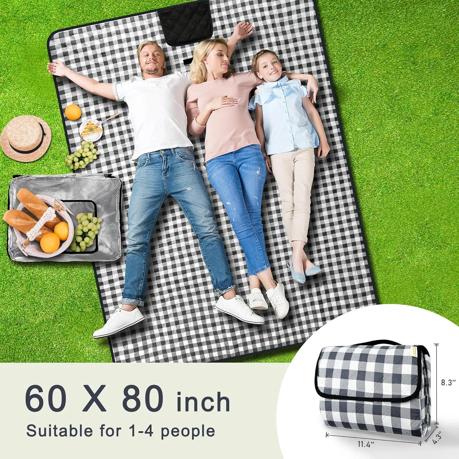 Extra Large Outdoor Picnic Blankets 60"×80", Beach Blanket Waterproof Foldable Sandproof, Picnic Mat Washable Portable for Camping, Park, Hiking (Thickened, Blue and White)