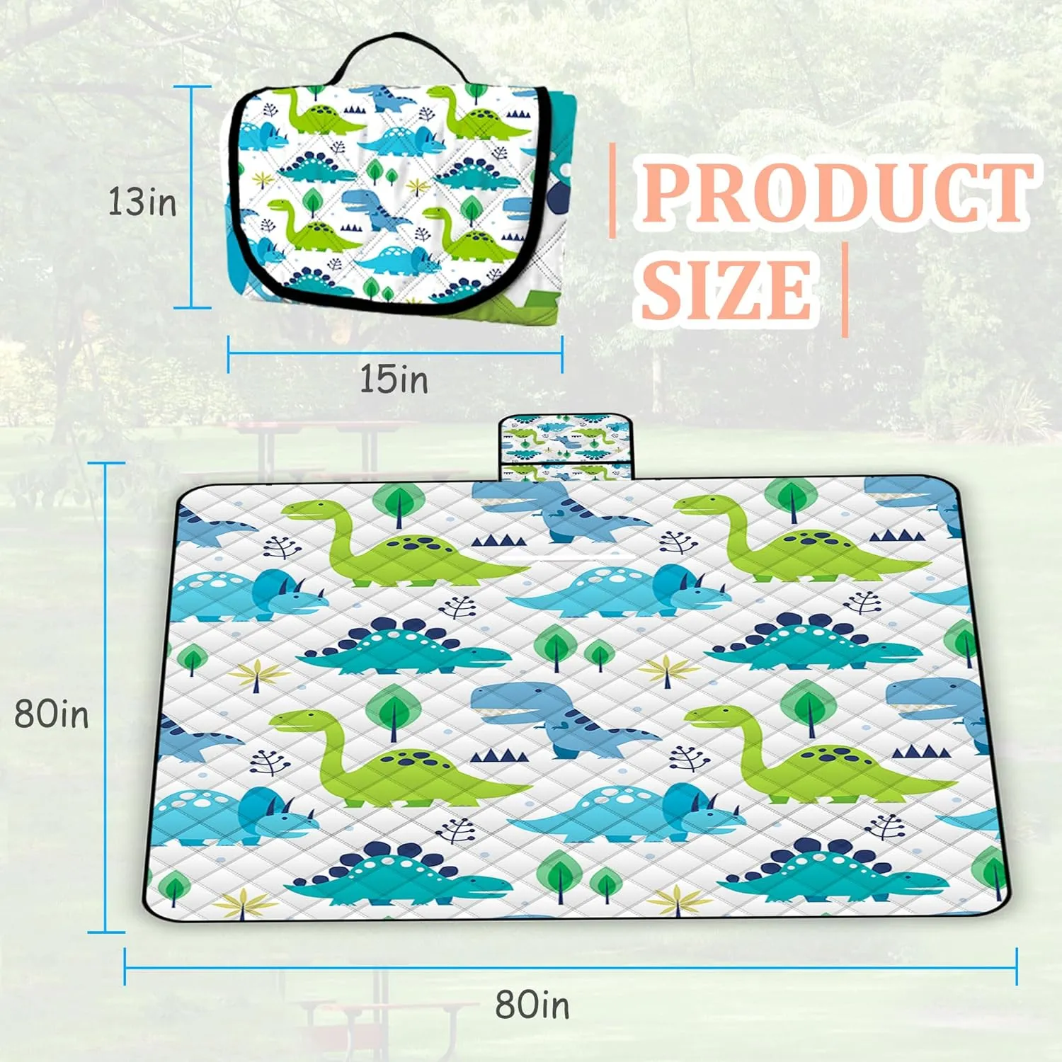 Extra Large Picnic Blanket Waterproof,80"x 80"Foldable Machine Washable Beach Blanket,Outdoor Blanket for 6-8 Adults,Suitable for Indoor Crawling,Park Beach,Camping,Hiking,Family Travel(Dinosaur)