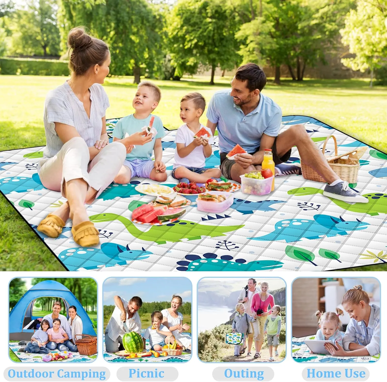 Extra Large Picnic Blanket Waterproof,80"x 80"Foldable Machine Washable Beach Blanket,Outdoor Blanket for 6-8 Adults,Suitable for Indoor Crawling,Park Beach,Camping,Hiking,Family Travel(Dinosaur)