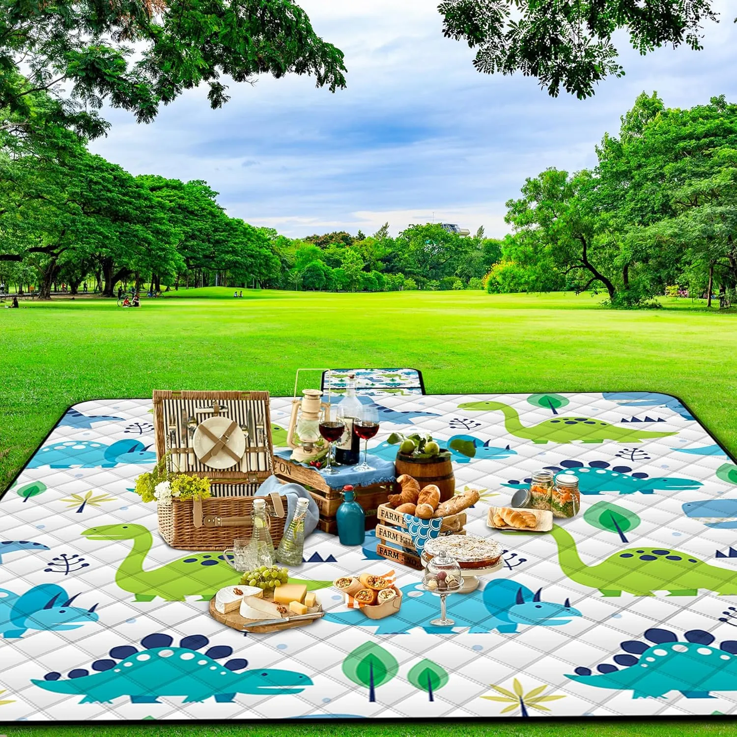 Extra Large Picnic Blanket Waterproof,80"x 80"Foldable Machine Washable Beach Blanket,Outdoor Blanket for 6-8 Adults,Suitable for Indoor Crawling,Park Beach,Camping,Hiking,Family Travel(Dinosaur)