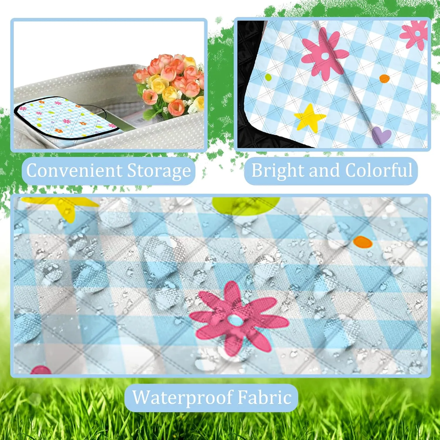 Extra Large Picnic Blanket Waterproof,80"x 80"Foldable Machine Washable Beach Blanket,Outdoor Blanket for 6-8 Adults,Suitable for Indoor Crawling,Park Beach,Camping,Hiking,Family Travel(Small Flower)