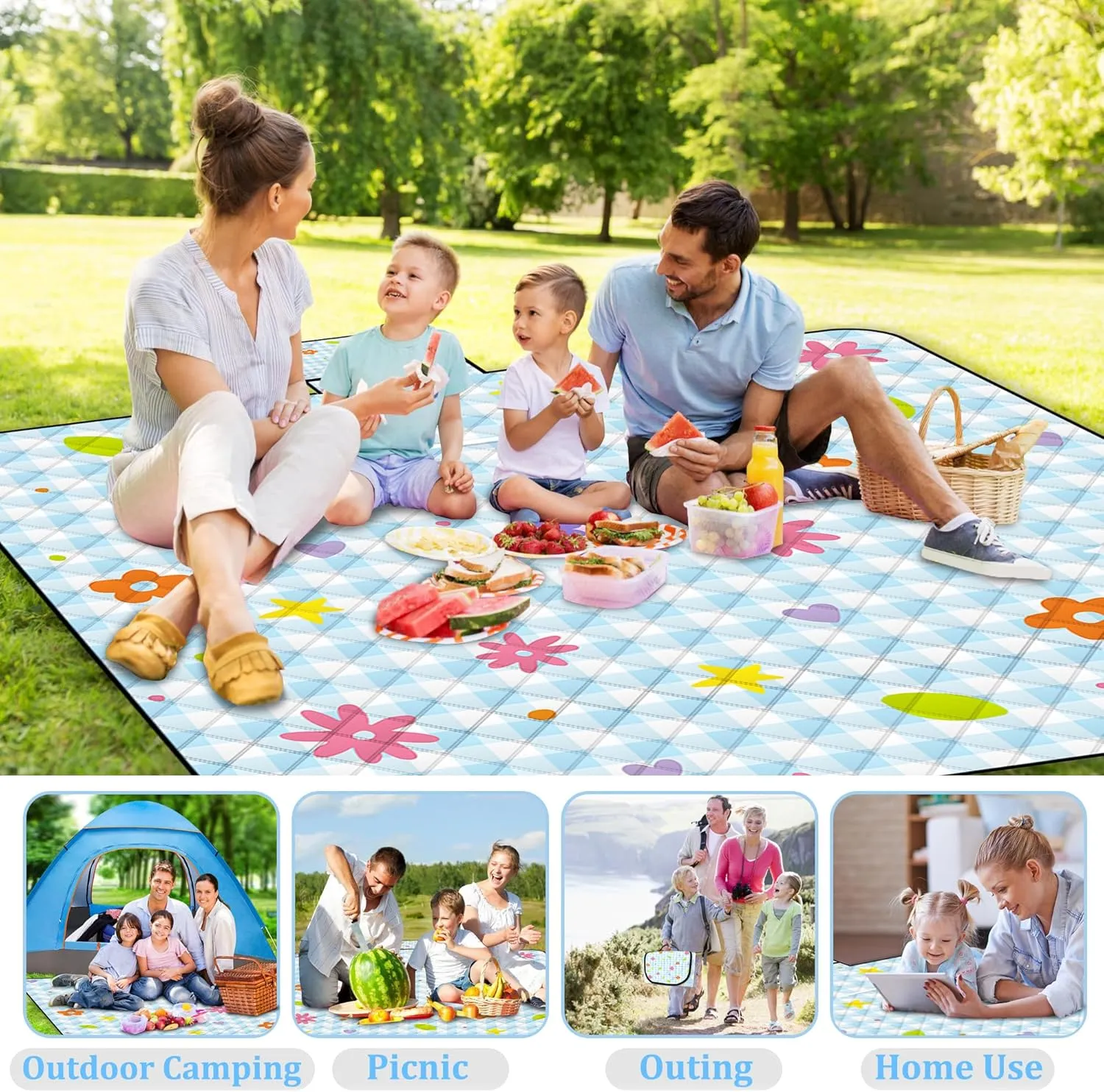 Extra Large Picnic Blanket Waterproof,80"x 80"Foldable Machine Washable Beach Blanket,Outdoor Blanket for 6-8 Adults,Suitable for Indoor Crawling,Park Beach,Camping,Hiking,Family Travel(Small Flower)