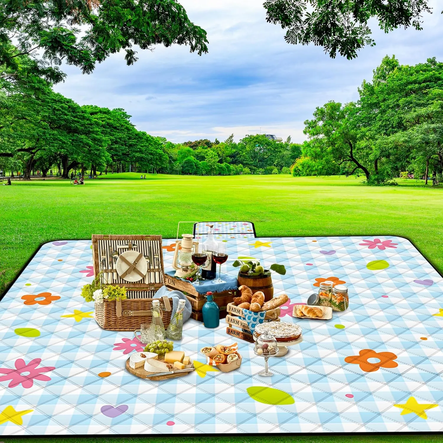 Extra Large Picnic Blanket Waterproof,80"x 80"Foldable Machine Washable Beach Blanket,Outdoor Blanket for 6-8 Adults,Suitable for Indoor Crawling,Park Beach,Camping,Hiking,Family Travel(Small Flower)